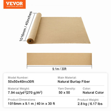 VEVOR jute stof jute decoratieve stof 1016 mm x 9,1 m voor ambachtelijke planten