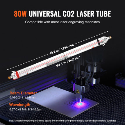 VEVOR 90W CO2 laserbuis 125cm laserbuis voor CO2 lasergraveur glazen laserbuis