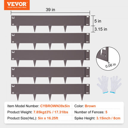 VEVOR gazonrand 99 x 12,7 cm (set van 5) stalen gazonrandband, bedrand, bedrand met doornen, maairand, geschikt voor buitentuinen, paden, gazons, binnenplaatsen, bermen en meer