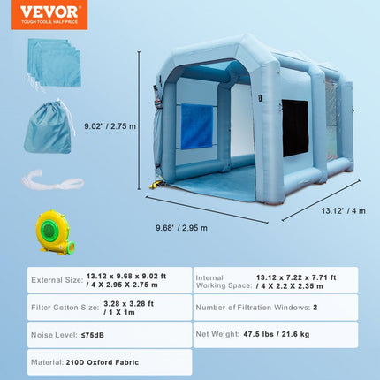 VEVOR Spuitcabine Paint Booth Diy Spray Paint Spray Paint Shelter Tent 950W Blauw 4 x 2.2 x 2.35m 210D Oxford Fabric Spray Paint Tent Draagbare