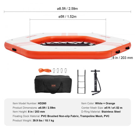 VEVOR Opblaasbaar drijvend dok Diameter 2,6 m Dockplatform met diameter 1,5 m Trampolinenet Zwembad Antislip drijvend platform Watermat met draagbare tas en afneembare ladder om te ontspannen bij het zwembad