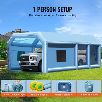 VEVOR opblaasbare spuitcabine 10 x 6,4 x 4,5 m opblaasbare spuitcabine met 1100 W + 750 W krachtige blazer en luchtfiltersysteem, draagbare autolakcabine voor vrachtwagens