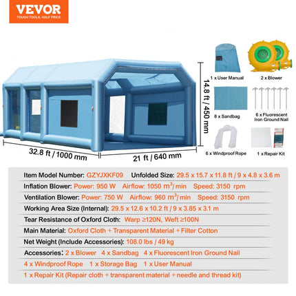 VEVOR opblaasbare spuitcabine 10 x 6,4 x 4,5 m opblaasbare spuitcabine met 1100 W + 750 W krachtige blazer en luchtfiltersysteem, draagbare autolakcabine voor vrachtwagens
