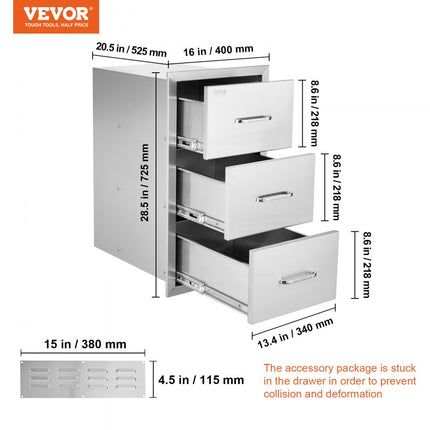 VEVOR Ladekast buiten Bbq drievoudige lades 40 x 72,5 x 52,5 cm Rvs