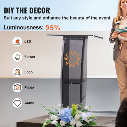 VEVOR Sta-bureau Lessenaar 685 x 330 x 1198 mm, podiumstandaard met breed leesgedeelte en opbergplank, sta-bureau voor kerk, kantoor, school, zwart podium 30 kg draagvermogen