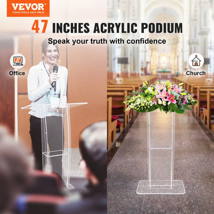 VEVOR acryl podium 47" hoge helder acryl podiumstandaard met breed leesgebied en opbergvak, vloerstaande helder acryl preekstoelen voor kerk, kantoor, school