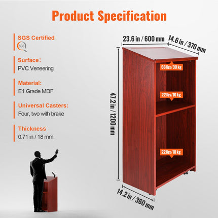 VEVOR Sta-bureau lessenaar 60 x 36 x 120 cm, podiumstandaard met breed leesoppervlak en opbergplank, sta-bureau voor kerk, kantoor, school, zwart podium 30 kg draagvermogen bruin