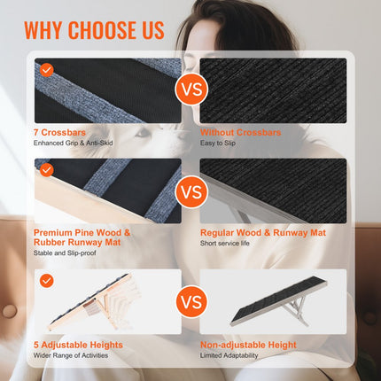 VEVOR hondenloopplank 1 m lange hondentrap met 7 dwarsbalken hondenautoloopplank van grenenhout rubber hondeninstaphulp 5-traps hoogte-instellingen dierenloopplank ca. 45 kg draagvermogen voor grote kleine honden