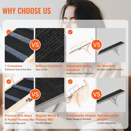 VEVOR hondenloopplank 1,2 m lange hondentrap met 7 dwarsbalken hondenautoloopplank van grenenhout rubber hondeninstaphulp 6-traps hoogte-instellingen dierenloopplank ca. 113 kg draagvermogen voor grote kleine honden