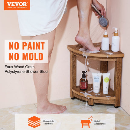 VEVOR hoekdouchebank hoekdouchekruk, 43 cm hoogte polystyreen met houtnerf, 158 kg draagvermogen, badkamerhoekkruk met plank, waterdicht, douchekruk voor binnen- en buitendouche bruin