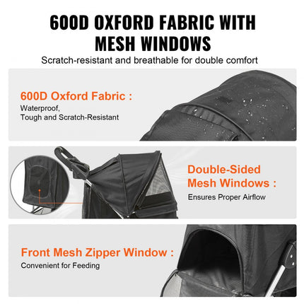 VEVOR Hondenbuggy 83x45x99cm Hondenkar 16kg Laadvermogen Opvouwbare hondentrolley Aluminium frame 600D Oxford-stof Nylon gaas Venster 3 EVA-wielen Hondenkrat Dierenbuggy Katbuggy Huisdierentransport