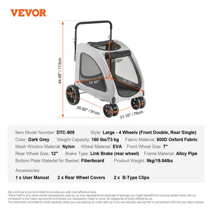 VEVOR hondenbuggy 79x91x113cm hondenkar 16kg laadvermogen hondentrolley aluminium frame 600D Oxford stof nylon gaas venster 4 EVA wielen hondenbox dierenbuggy kattenbuggy huisdierenvervoer