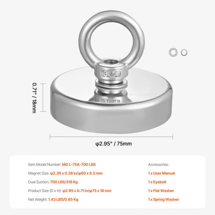 VEVOR 318kg Supersterke magnetische visset Enkelzijdig trektouw Hoge prestaties