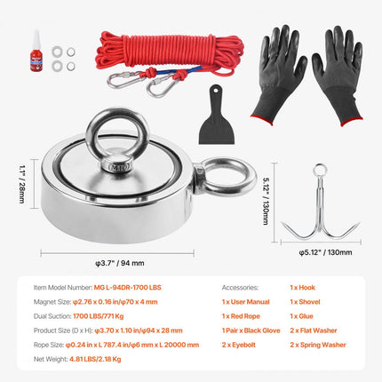 VEVOR 771kg sterke magnetische visset dubbelzijdig trekkoord karabijnhaak rood