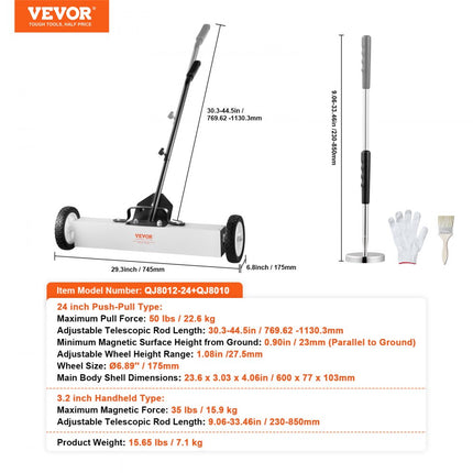 VEVOR magneetveger telescopische magneetbezem tapijtveger oprolbaar 61cm