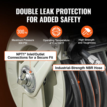 VEVOR Brandstofslanghaspel 1" x 35ft Koolstofstaal Dieselslanghaspel met Automatisch Brandstofmondstuk NBR Rubberen Slang voor Vliegtuigen Schip Voertuig Tankwagen 300 PSI