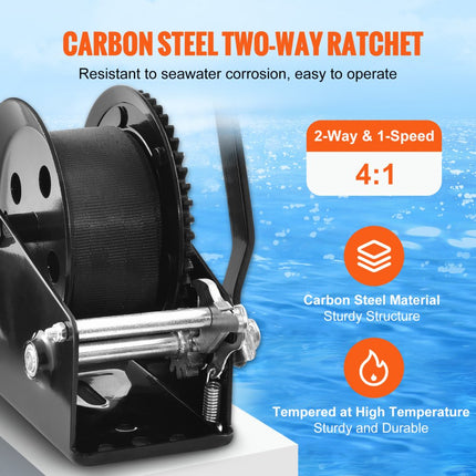 VEVOR kabellier 725,7kg handkabellier 224x151x177mm bootlier 2-weg ratel/1-speed handlier met ca. 10m polyester band bandlier met ergonomische handgreep handkabellier voor voertuigen en boten
