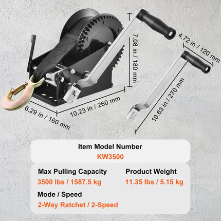VEVOR kabellier 1587,5kg handkabellier 160x160x180mm bootlier 2-weg ratel/2 snelheden handlier met ca. 10m polyester band bandlier met ergonomische handgreep handkabellier voor voertuigen en boten