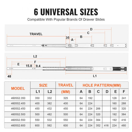 VEVOR ladegeleiders 6 paar kogelgeleiders 609,6 mm geluidsarm soft close 45,4 kg aan de zijkant gemonteerde stalen geleiderail volledige uittrekbaarheid voor plankkast keuken