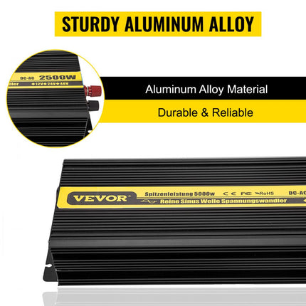 VEVOR Zuivere Sinus Omvormer 2500W, Omvormer DC 12V Naar AC 230 V en Monitor LCD, Pure Sinus Omvormer Piekvermogen 5000W, Spanningsomvormer Pure Sinus en Afstandsbediening, Auto Omvormer Veilig Huis