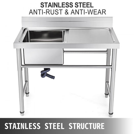 VEVOR Commerciële Gootsteen 100,33x60,96x95,25 cm Commerciële Spoelbak 1 mm Dikte Vrijstaande Gootsteen Gemaakt van Niet-magnetisch Roestvrij Staal met Spatwaterdicht Schot Gebruik in Keuken Bar enz
