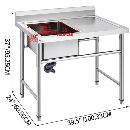 VEVOR Commerciële Gootsteen 100,33x60,96x95,25 cm Commerciële Spoelbak 1 mm Dikte Vrijstaande Gootsteen Gemaakt van Niet-magnetisch Roestvrij Staal met Spatwaterdicht Schot Gebruik in Keuken Bar enz