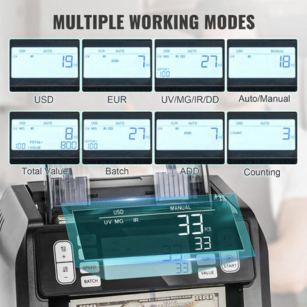 VEVOR-geldtelmachine, bankbiljettenteller met UV-, MG-, IR- en DD-valsgelddetectie, USD- en EUR-geldtelmachine met optelling en batchmodus, groot LCD- en extern display