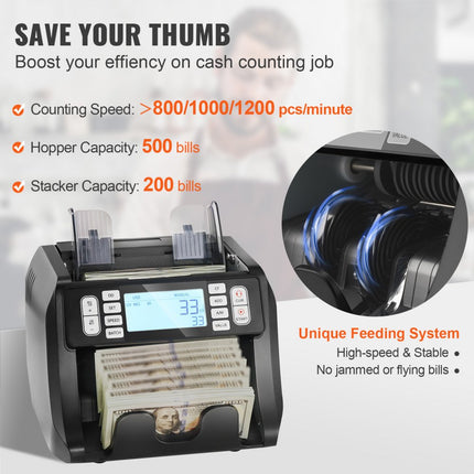 VEVOR-geldtelmachine, bankbiljettenteller met UV-, MG-, IR- en DD-valsgelddetectie, USD- en EUR-geldtelmachine met optelling en batchmodus, groot LCD- en extern display