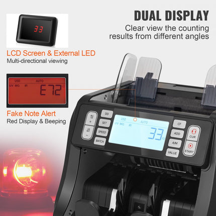 VEVOR-geldtelmachine, bankbiljettenteller met UV-, MG-, IR- en DD-valsgelddetectie, USD- en EUR-geldtelmachine met optelling en batchmodus, groot LCD- en extern display