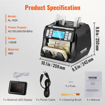 VEVOR-geldtelmachine, bankbiljettenteller met UV-, MG-, IR- en DD-valsgelddetectie, USD- en EUR-geldtelmachine met optelling en batchmodus, groot LCD- en extern display