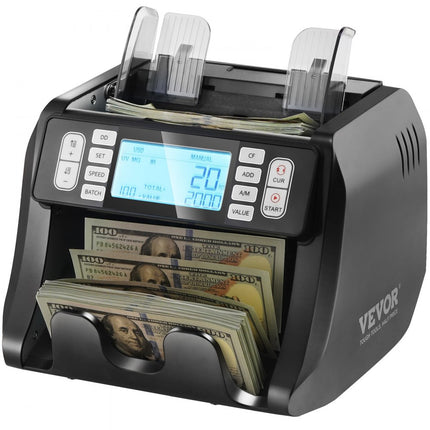 VEVOR-geldtelmachine, bankbiljettenteller met UV-, MG-, IR- en DD-valsgelddetectie, USD- en EUR-geldtelmachine met optelling en batchmodus, groot LCD- en extern display