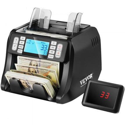 VEVOR-geldtelmachine, bankbiljettenteller met UV-, MG-, IR- en DD-valsgelddetectie, USD- en EUR-geldtelmachine met optelling en batchmodus, groot LCD- en extern display