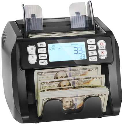 VEVOR-geldtelmachine, bankbiljettenteller met UV-, MG-, IR- en DD-valsgelddetectie, USD- en EUR-geldtelmachine met optelling en batchmodus, groot LCD- en extern display