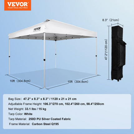 VEVOR paviljoen 304,8x304,8x320cm tuintent 250D PU zilver gecoate stof opvouwbaar paviljoen incl. opbergtas partytent 6-8 personen pop-up tent wit tuinpaviljoen voor kampeertrip