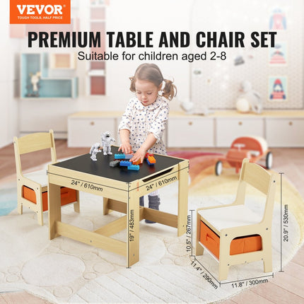 VEVOR kinderzitgroep kindertafel, 2 kinderstoelen 1 tafel kinderzitgroep van MDF van de kwaliteit P2, kindertafelset, stabiel kindermeubel met dubbelzijdig tafelblad en opbergdoos kindermeubelset