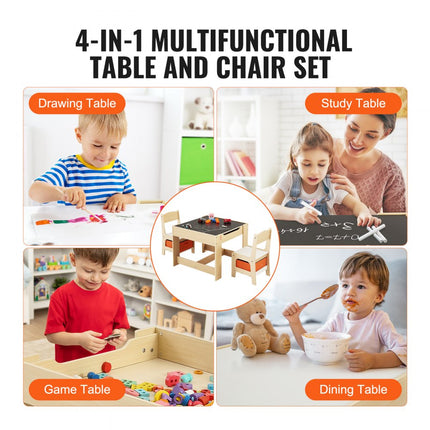 VEVOR kinderzitgroep kindertafel, 2 kinderstoelen 1 tafel kinderzitgroep van MDF van de kwaliteit P2, kindertafelset, stabiel kindermeubel met dubbelzijdig tafelblad en opbergdoos kindermeubelset
