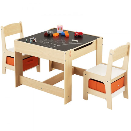 VEVOR kinderzitgroep kindertafel, 2 kinderstoelen 1 tafel kinderzitgroep van MDF van de kwaliteit P2, kindertafelset, stabiel kindermeubel met dubbelzijdig tafelblad en opbergdoos kindermeubelset