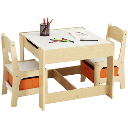 VEVOR kinderzitgroep kindertafel, 2 kinderstoelen 1 tafel kinderzitgroep van MDF van de kwaliteit P2, kindertafelset, stabiel kindermeubel met dubbelzijdig tafelblad en opbergdoos kindermeubelset