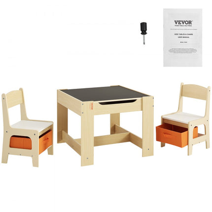 VEVOR kinderzitgroep kindertafel, 2 kinderstoelen 1 tafel kinderzitgroep van MDF van de kwaliteit P2, kindertafelset, stabiel kindermeubel met dubbelzijdig tafelblad en opbergdoos kindermeubelset