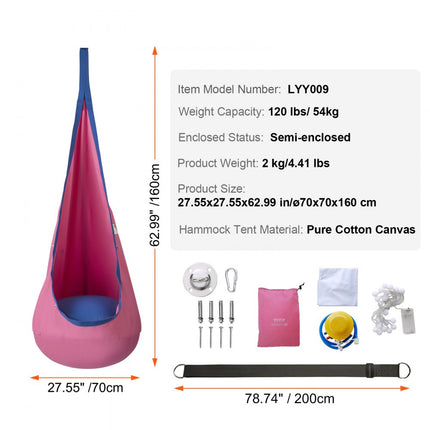 VEVOR hanggrot ø 70 x 160 cm hangstoel 54 kg draagvermogen hangmat van katoenen canvas LED-lichtketting hangzit hangtent schommel therapieschommel hangschommel kinderroze