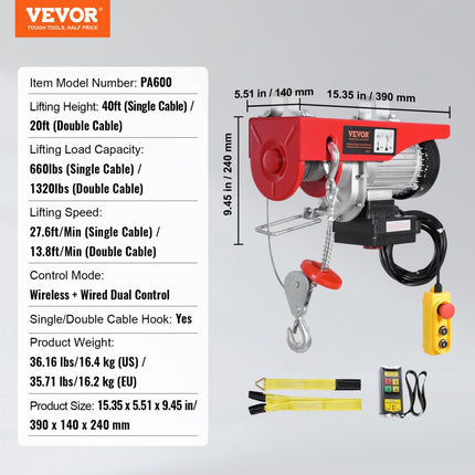 VEVOR Elektrische Kabeltakel Kabelliertakel 2x Afstandsbediening 600kg 12m