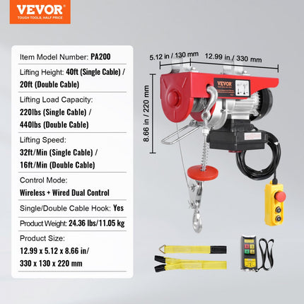 VEVOR Elektrische Kabeltakel Kabelliertakel Draadloze Afstandsbediening 200kg