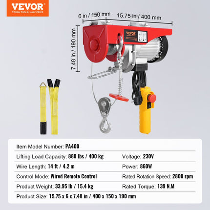 VEVOR Elektrische Kabeltakel Kabelliertakel met Afstandsbediening 400kg 12m