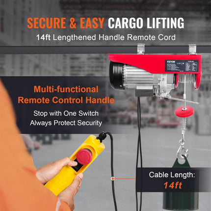 VEVOR Elektrische Lier 300 kg tot 600 kg hefhoogte 12 m Kabeltakel motorlier 1150 W koperen motorkatrol 10 m/min hijssnelheid takel