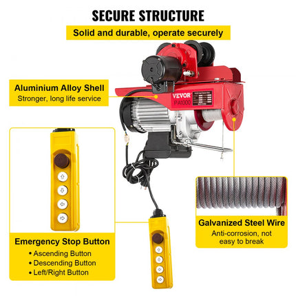 VEVOR Elektrische Kabeltakel Lifting Hoist Elektrische Lier met Trolley 1 T Belasting 13 m/min