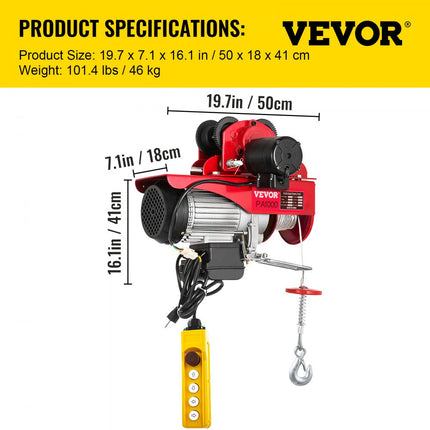 VEVOR Elektrische Kabeltakel Lifting Hoist Elektrische Lier met Trolley 1 T Belasting 13 m/min