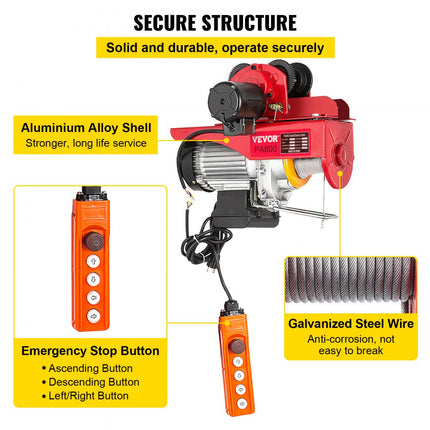 VEVOR Elektrische Lier Elektrische Takel Lifting Hiost Takel Trolley 1T 1300W Afstandsbediening Stalen Veilige Sterke Takel Kabeltakel Elektrische