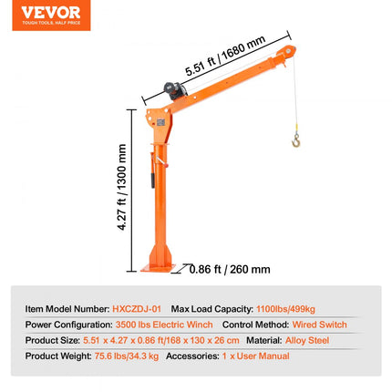 VEVOR laadkraan elektrische pick-up kraan autokraan hijskraan staal 360° draaibaar 499kg