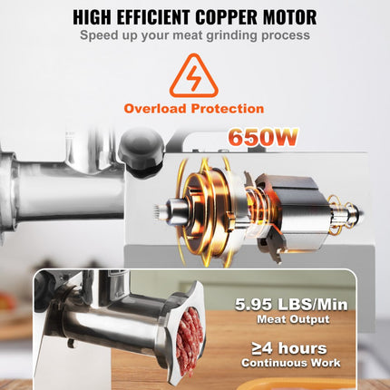VEVOR elektrische vleesmolen RVS vleesmachine 3,76 kg/minuut gehakt, 650 W multi foodprocessor worstvuller incl. 2 snijplaten, 1 worstkoker, 2 messen voor rundvlees, kip, kalkoen etc.