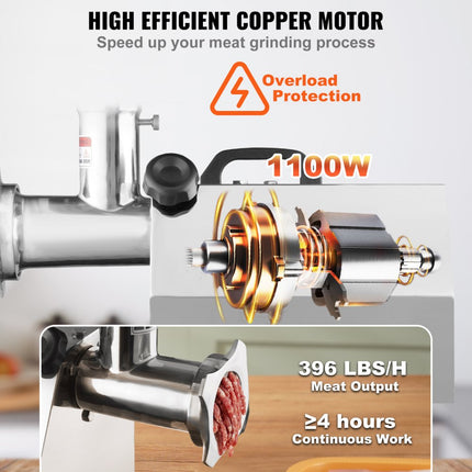VEVOR elektrische vleesmolen RVS vleesmachine 360 kg/u. Gehakt, 1100 W multi foodprocessor worstvuller incl. 2 snijplaten, 1 worstkoker, 2 messen voor rundvlees, kip, kalkoen etc.
